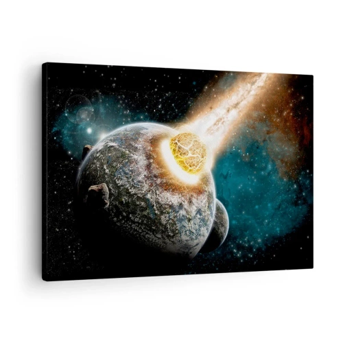 Obraz na plátně - Kosmická srážka planety s asteroidem v blízkosti galaxie. - 70x50cm - Zničení nebo narození? - Moderní nástěnná dekorace do obývacího pokoje a ložnice ARTTOR