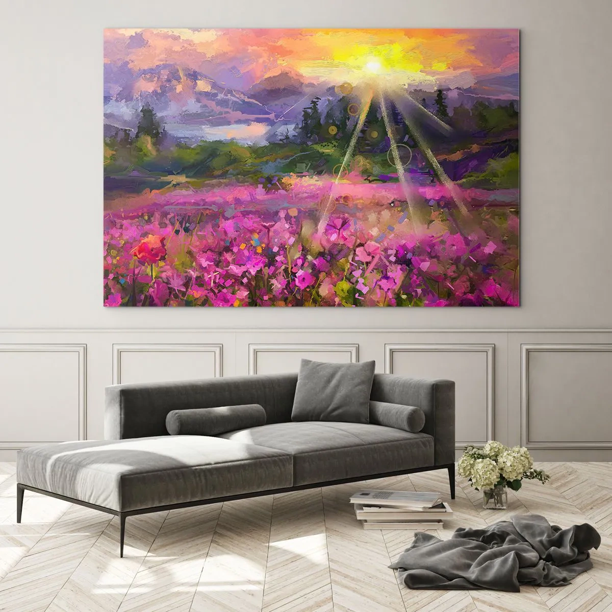 Obraz na skle - Malebné údolí plné květin ozářené slunečními paprsky - 70x50cm - V údolí v péči slunce - Moderní nástěnná dekorace do obývacího pokoje a ložnice ARTTOR