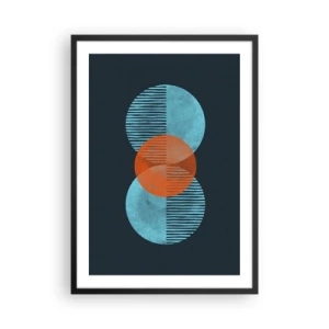 Plakát v černém rámu - Symetrické kruhy v odstínech modré a oranžové s čarami - 50x70cm - Symetrická kompozice - Moderní nástěnná dekorace do obývacího pokoje a ložnice ARTTOR