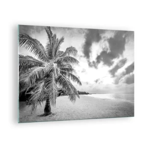 Obraz na skle - Černá a bílá palma na prázdné pláži se zataženou oblohou. - 70x50cm - Když toužíš po samotě…. - Moderní nástěnná dekorace do obývacího pokoje a ložnice ARTTOR