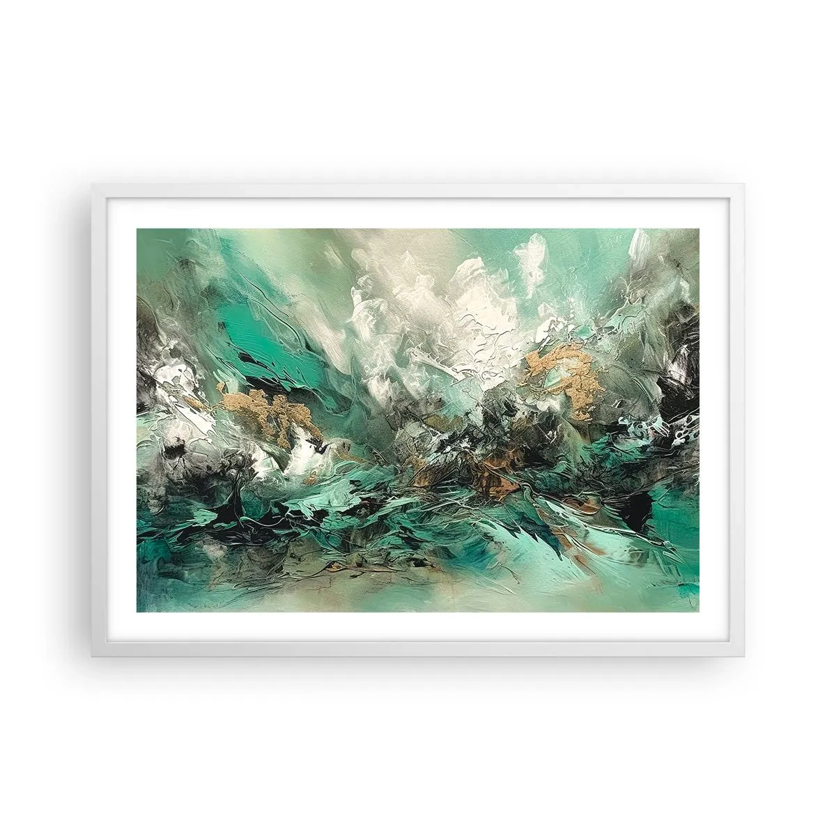 Plakát v bílém rámu - Smaragdově černé vlnobití - 70x50 cm