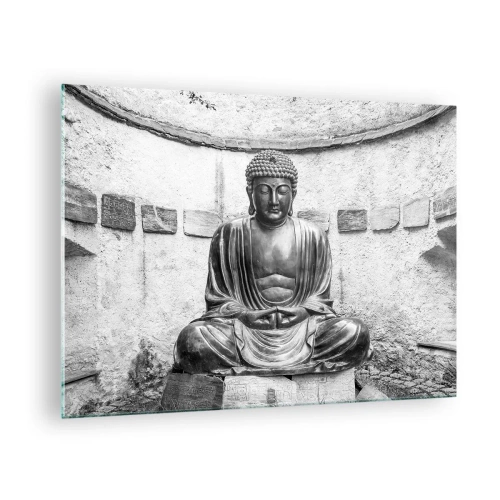 Obraz na skle - Černá a bílá socha Buddhy v meditativní póze - 70x50cm - U zdroje klidu - Moderní nástěnná dekorace do obývacího pokoje a ložnice ARTTOR