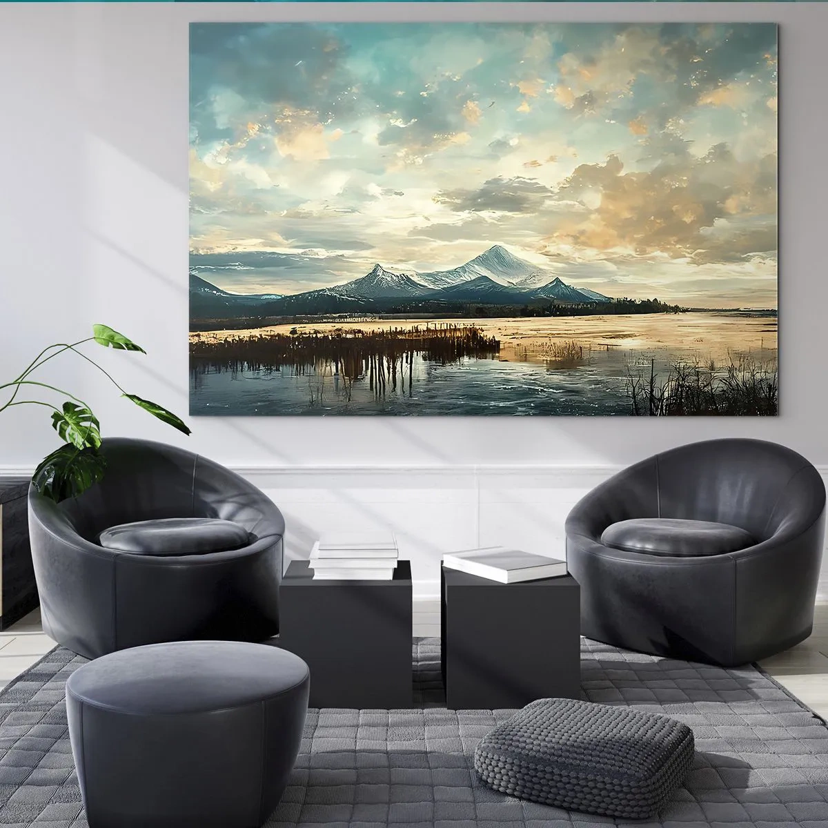Obraz na skle - Zimní krajina s horami a zamrzlým jezerem - 70x50cm - Pod ochranou nebe - Moderní nástěnná dekorace do obývacího pokoje a ložnice ARTTOR