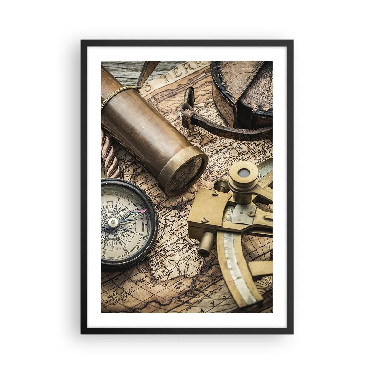 Plakát v černém rámu - Navigační sada s mapou, kompasem a sextantem - 50x70cm - Urči směr - Moderní nástěnná dekorace do obývacího pokoje a ložnice ARTTOR