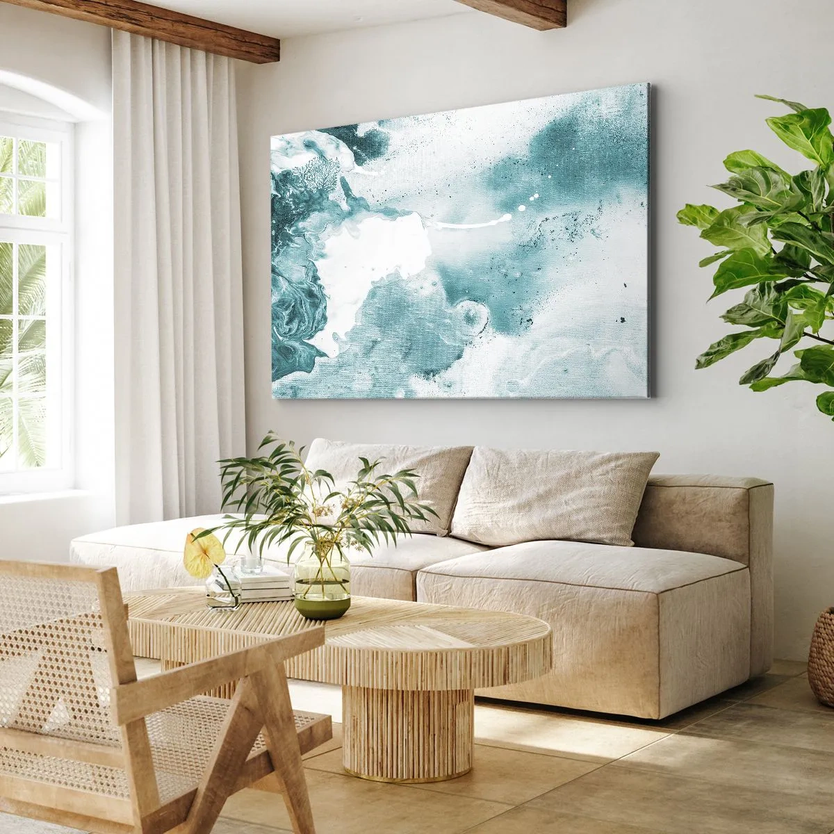 Obraz na plátně - Abstrakce v odstínech modré s jemnými akcenty bílé - 70x50cm - Povodí modré - Moderní nástěnná dekorace do obývacího pokoje a ložnice ARTTOR
