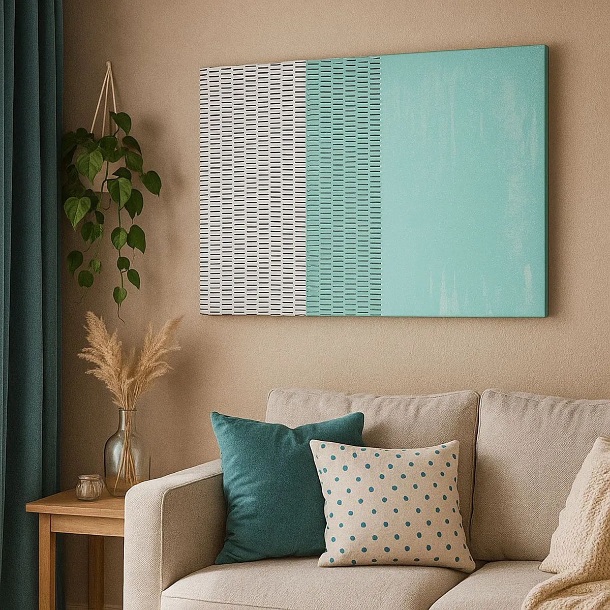 Obraz na plátně - Geometrická kompozice s tyrkysovou a liniemi - 70x50cm - Vyvážená kompozice - Moderní nástěnná dekorace do obývacího pokoje a ložnice ARTTOR