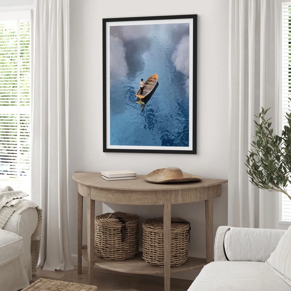 Plakát v černém rámu - Osoba v lodi plující na vodě odrážející oblohu a mraky. - 50x70cm - Život – cesta – nejistota - Moderní nástěnná dekorace do obývacího pokoje a ložnice ARTTOR