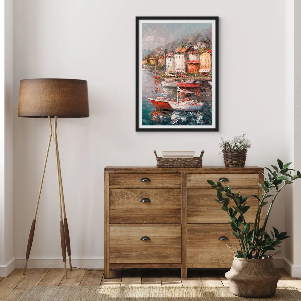 Plakát v černém rámu - Malebný přístav s plachetnicemi v impresionistickém stylu - 50x70cm - Romantický přístav - Moderní nástěnná dekorace do obývacího pokoje a ložnice ARTTOR