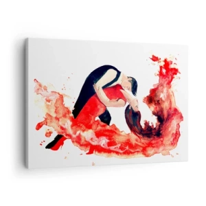Obraz na plátně - Dynamický akvarelový obraz tanečního páru v červených barvách. - 70x50cm - Tango - smyslná vlna - Moderní nástěnná dekorace do obývacího pokoje a ložnice ARTTOR