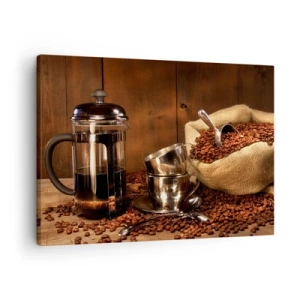 Obraz na plátně - French press, šálky a sáček kávy na dřevěném pozadí - 70x50cm - Kouzlo kávy - aroma a chuť - Moderní nástěnná dekorace do obývacího pokoje a ložnice ARTTOR