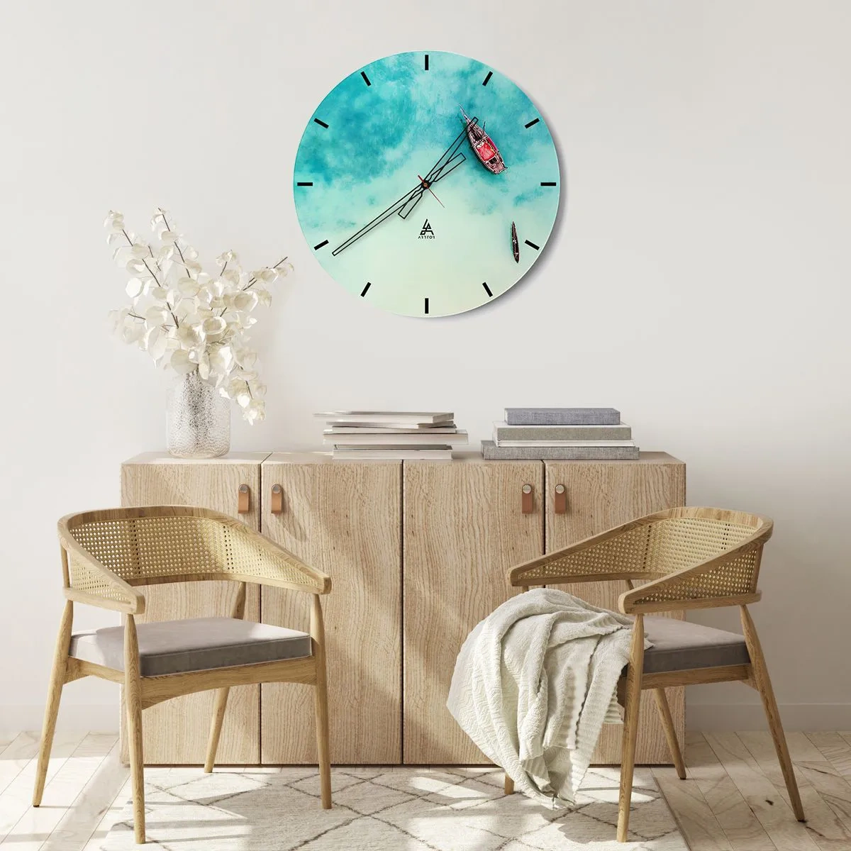 Nástěnné hodiny - Lodě na tyrkysové vodě - 30x30cm - Protože na plážích Zanzibaru, když je přebytek vody… - Moderní nástěnná dekorace do obývacího pokoje, kuchyně a ložnice ARTTOR