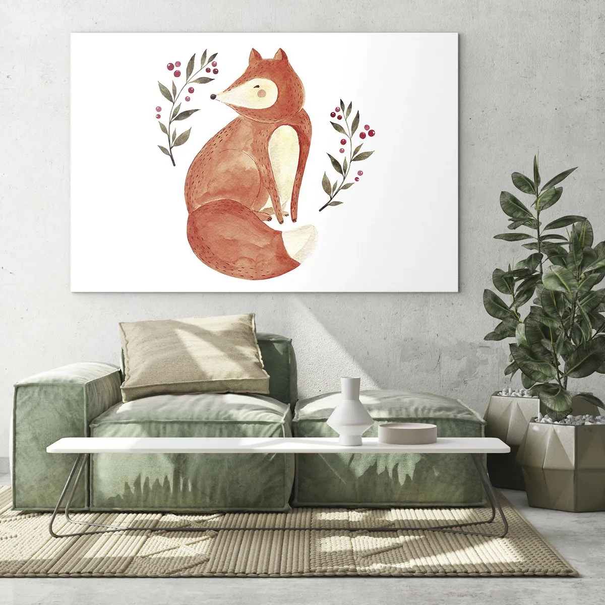 Obraz na skle - Rozkošná akvarelová liška s větvičkami a bobulemi - 70x50cm - Malý zrzek - Moderní nástěnná dekorace do obývacího pokoje a ložnice ARTTOR