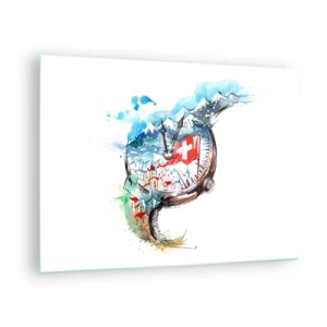 Obraz na skle - Akvarel švýcarské krajiny s vlajkou a hodinkami - 70x50cm - Duch Švýcarska - Moderní nástěnná dekorace do obývacího pokoje a ložnice ARTTOR