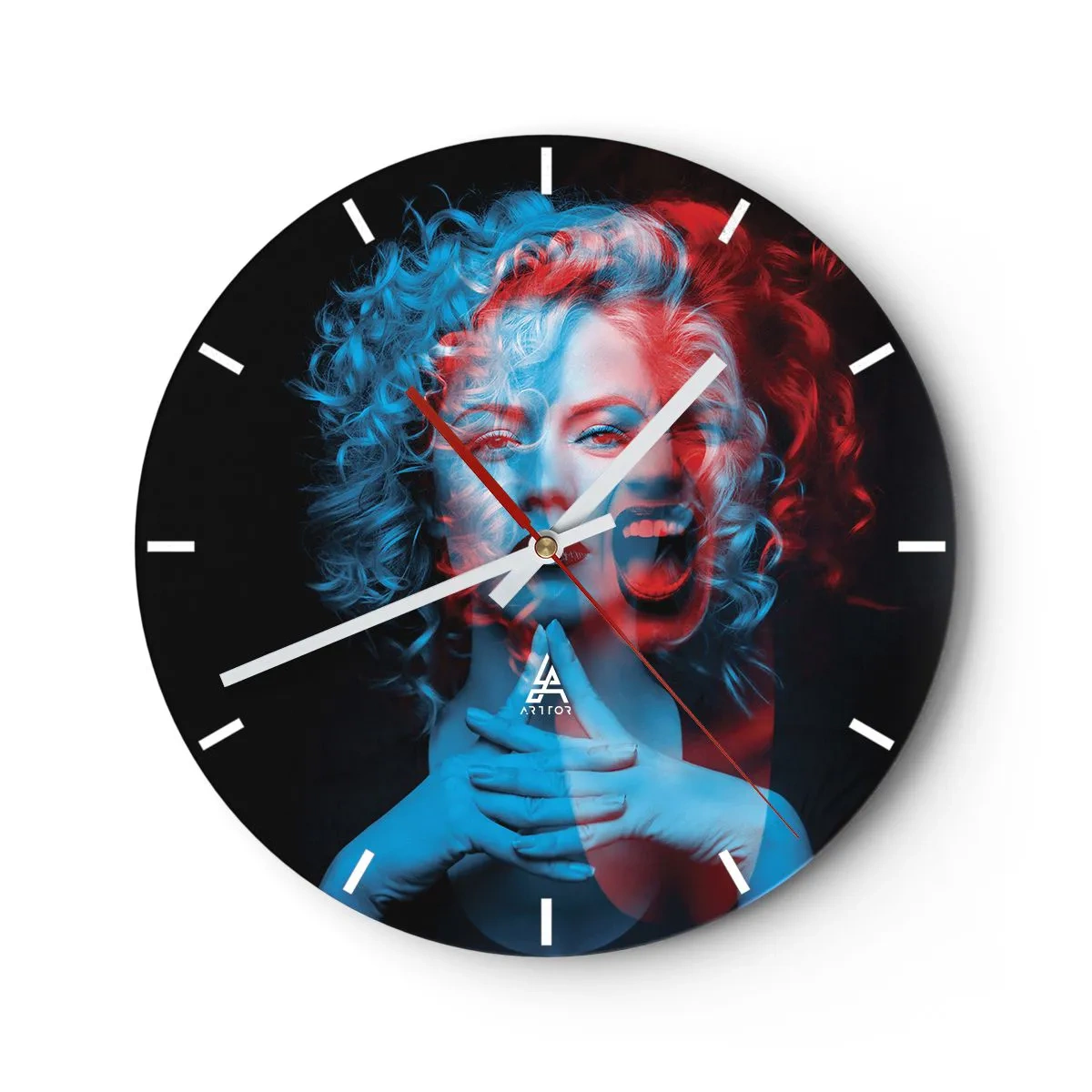 Nástěnné hodiny - 3D efekt žena v modrých a červených barvách - 30x30cm - Alter ego - Moderní nástěnná dekorace do obývacího pokoje, kuchyně a ložnice ARTTOR