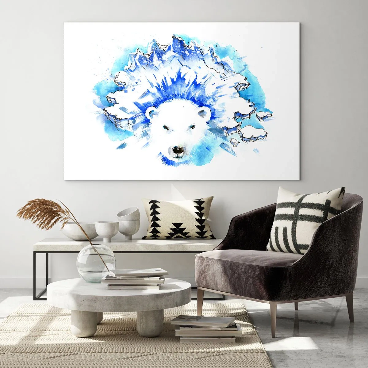 Obraz na skle - Lední medvěd na pozadí ledových hor v odstínech modré. - 70x50cm - Král Arktidy s ledovou korunou - Moderní nástěnná dekorace do obývacího pokoje a ložnice ARTTOR