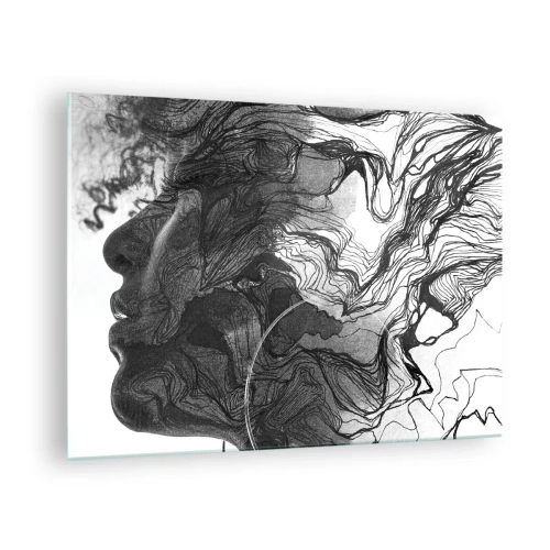 Obraz na skle - Černá a bílá silueta ženy s abstraktními liniemi - 70x50cm - Zapletená ve snech - Moderní nástěnná dekorace do obývacího pokoje a ložnice ARTTOR