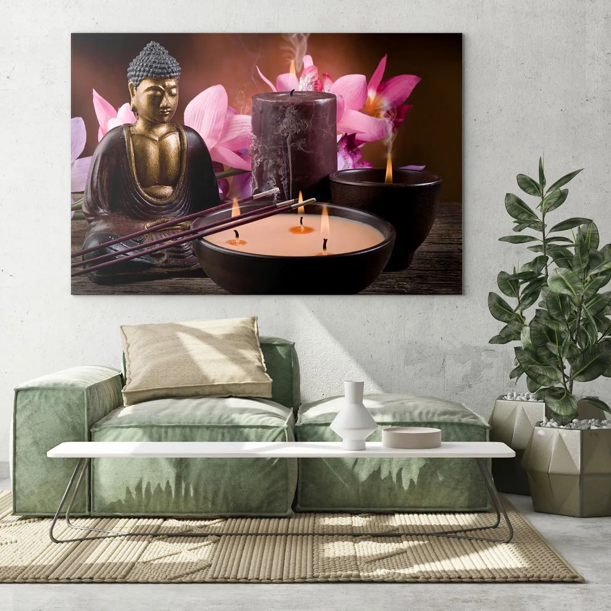 Obraz na skle - Relaxační kompozice s Buddhou, svíčkami a květinami - 70x50cm - Očistit mysl, uklidnit tělo - Moderní nástěnná dekorace do obývacího pokoje a ložnice ARTTOR