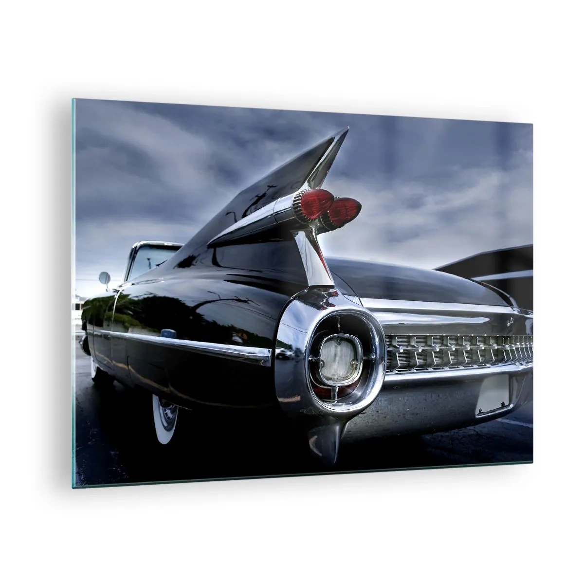 Obraz na skle - Stylová zadní světla klasických automobilů v lesklé černé barvě - 70x50cm - Právě proto krásný! - Moderní nástěnná dekorace do obývacího pokoje a ložnice ARTTOR