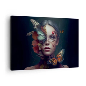 Obraz na plátně - Portrét ženy s motýly a rostlinnými prvky - 70x50cm - Nádherná metamorfóza - Moderní nástěnná dekorace do obývacího pokoje a ložnice ARTTOR