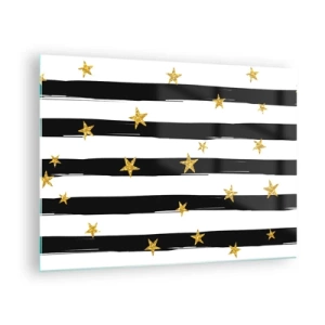 Obraz na skle - Černobílé pruhy se zlatými hvězdami - 70x50cm - Všichni jsme se narodili pod šťastnou hvězdou - Moderní nástěnná dekorace do obývacího pokoje a ložnice ARTTOR