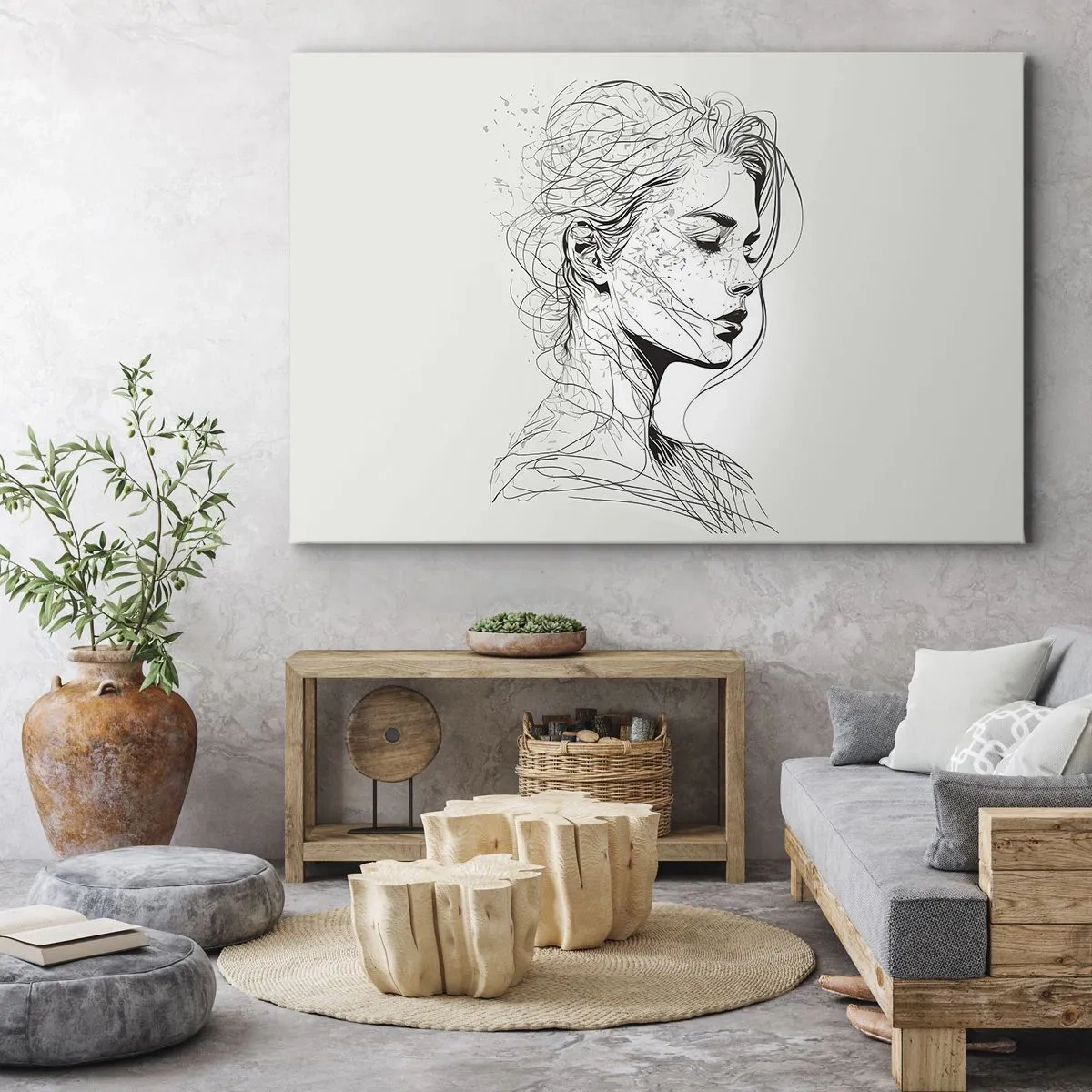 Obraz na plátně - Jemný portrét ženy v minimalistickém grafickém stylu. - 70x50cm - Portrét v zamyšlení - Moderní nástěnná dekorace do obývacího pokoje a ložnice ARTTOR