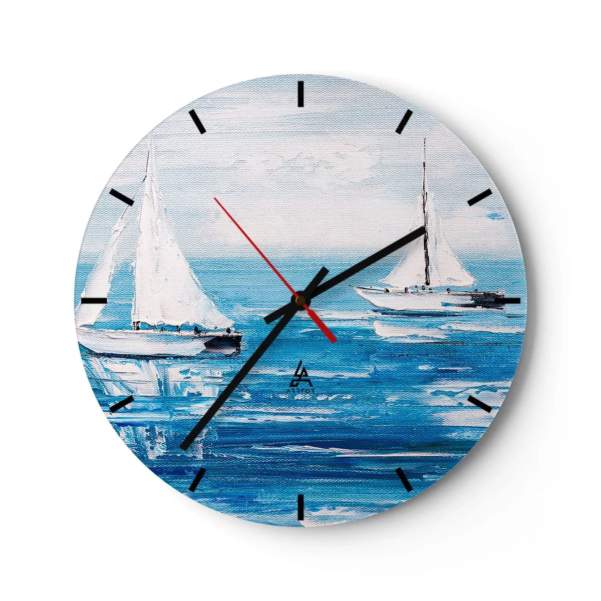 Nástěnné hodiny - Bílé plachetnice na modrém moři v malířském stylu - 30x30cm - S přítelem po boku - Moderní nástěnná dekorace do obývacího pokoje, kuchyně a ložnice ARTTOR