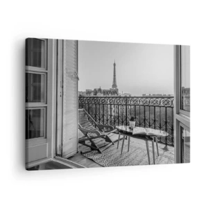 Obraz na plátně - Výhled na Eiffelovu věž z balkonu s lehátky a stolem - 70x50cm - Pařížské odpoledne - Moderní nástěnná dekorace do obývacího pokoje a ložnice ARTTOR