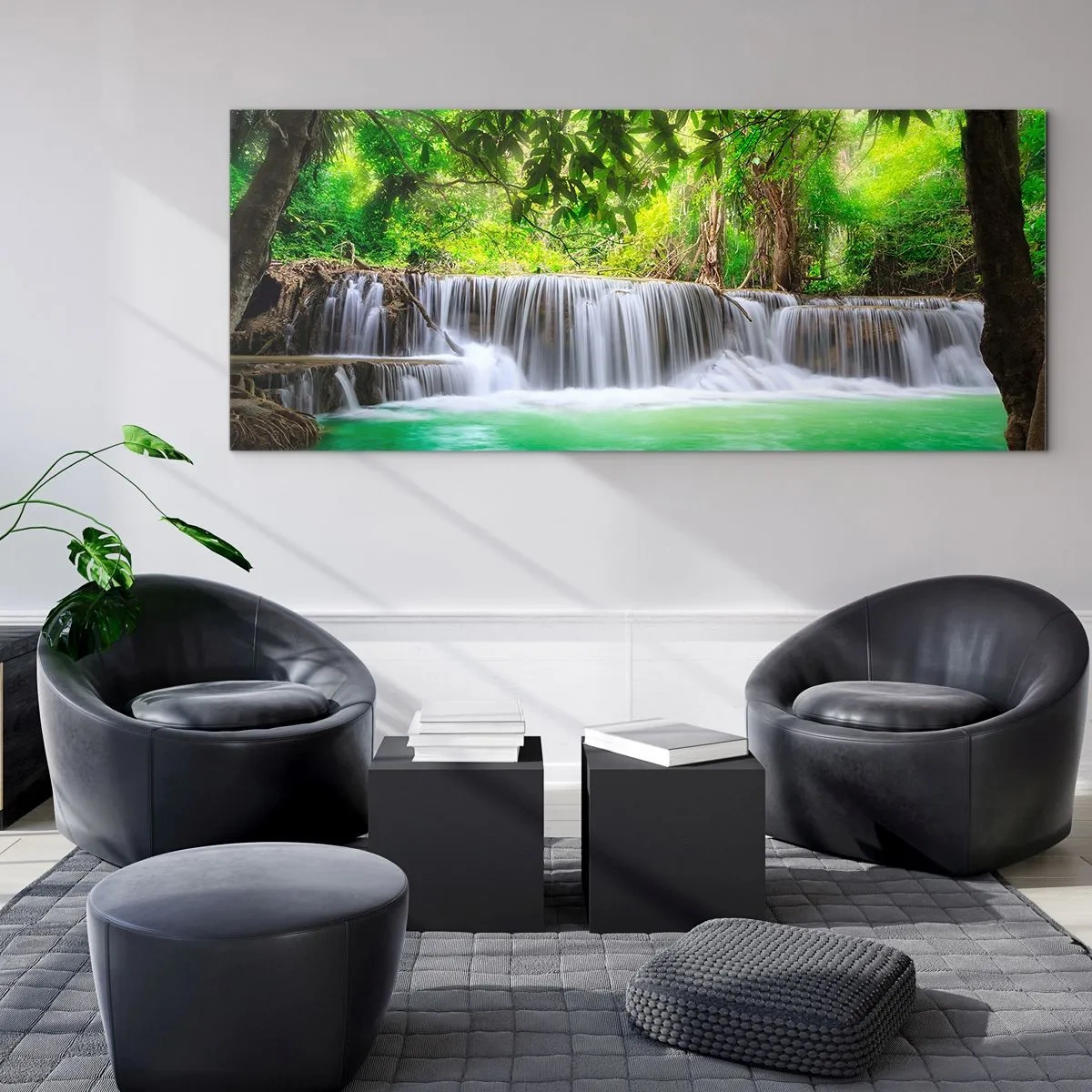 Obraz na skle - Vodopád v zeleni - 100x40 cm