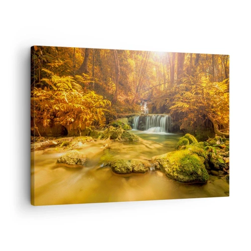 Obraz na plátně - Zlatý vodopád v podzimním lese obklopeném zelení - 70x50cm - Lesní vodopád ve zlaté - Moderní nástěnná dekorace do obývacího pokoje a ložnice ARTTOR