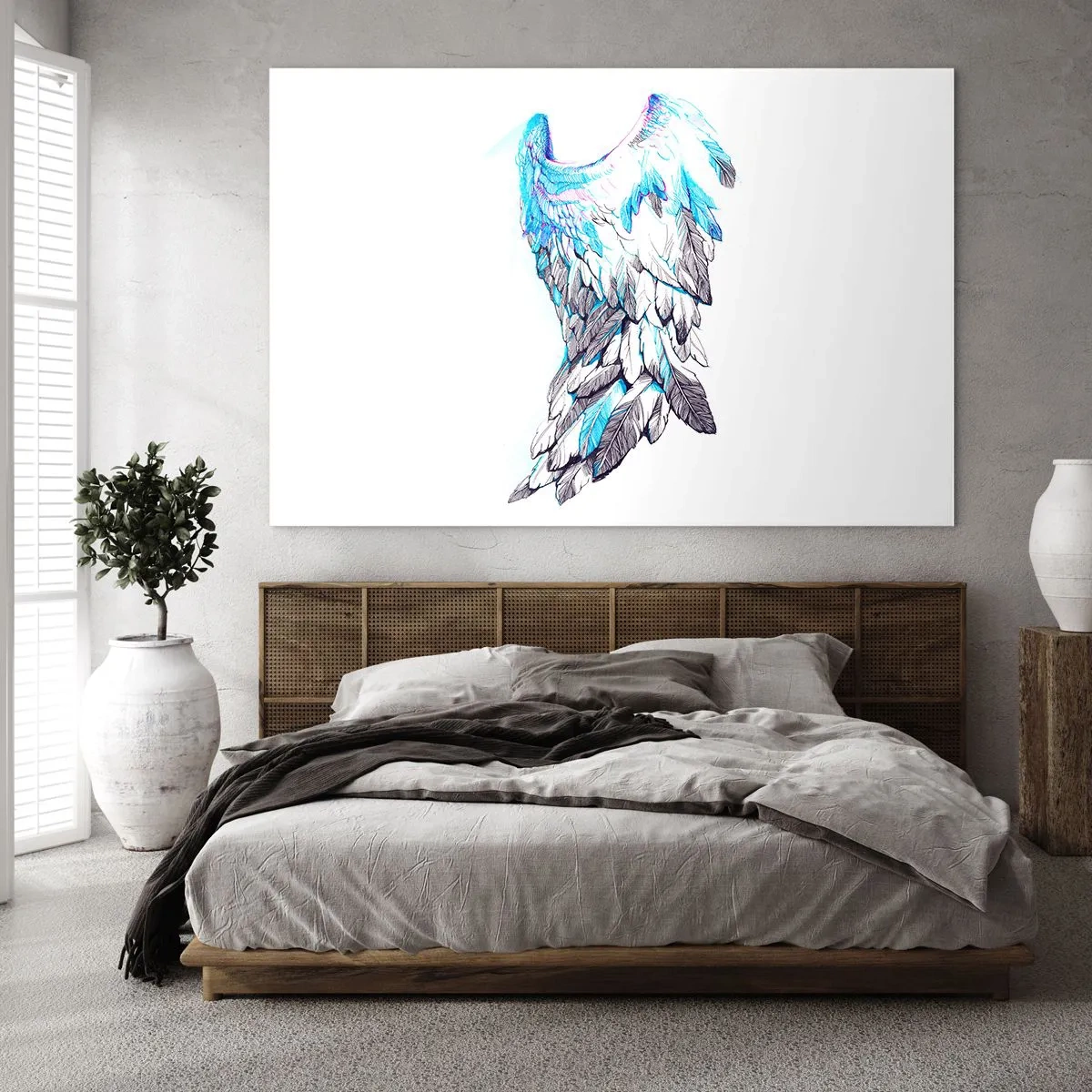 Obraz na skle - Andělská křídla v odstínech modré a šedé - 70x50cm - Potřebuji křídla - Moderní nástěnná dekorace do obývacího pokoje a ložnice ARTTOR