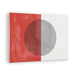 Obraz na skle - Geometrický vzor s kruhem na červenobílém pozadí - 70x50cm - Přesný zásah - Moderní nástěnná dekorace do obývacího pokoje a ložnice ARTTOR