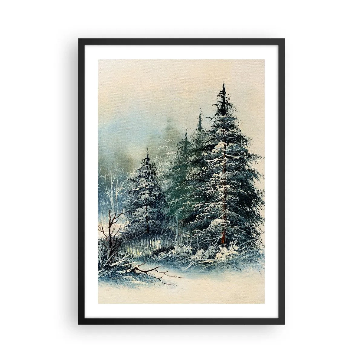 Plakát v černém rámu - Zasněžené stromy v zimním lese proti klidné obloze - 50x70cm - Připravení na Vánoce - Moderní nástěnná dekorace do obývacího pokoje a ložnice ARTTOR