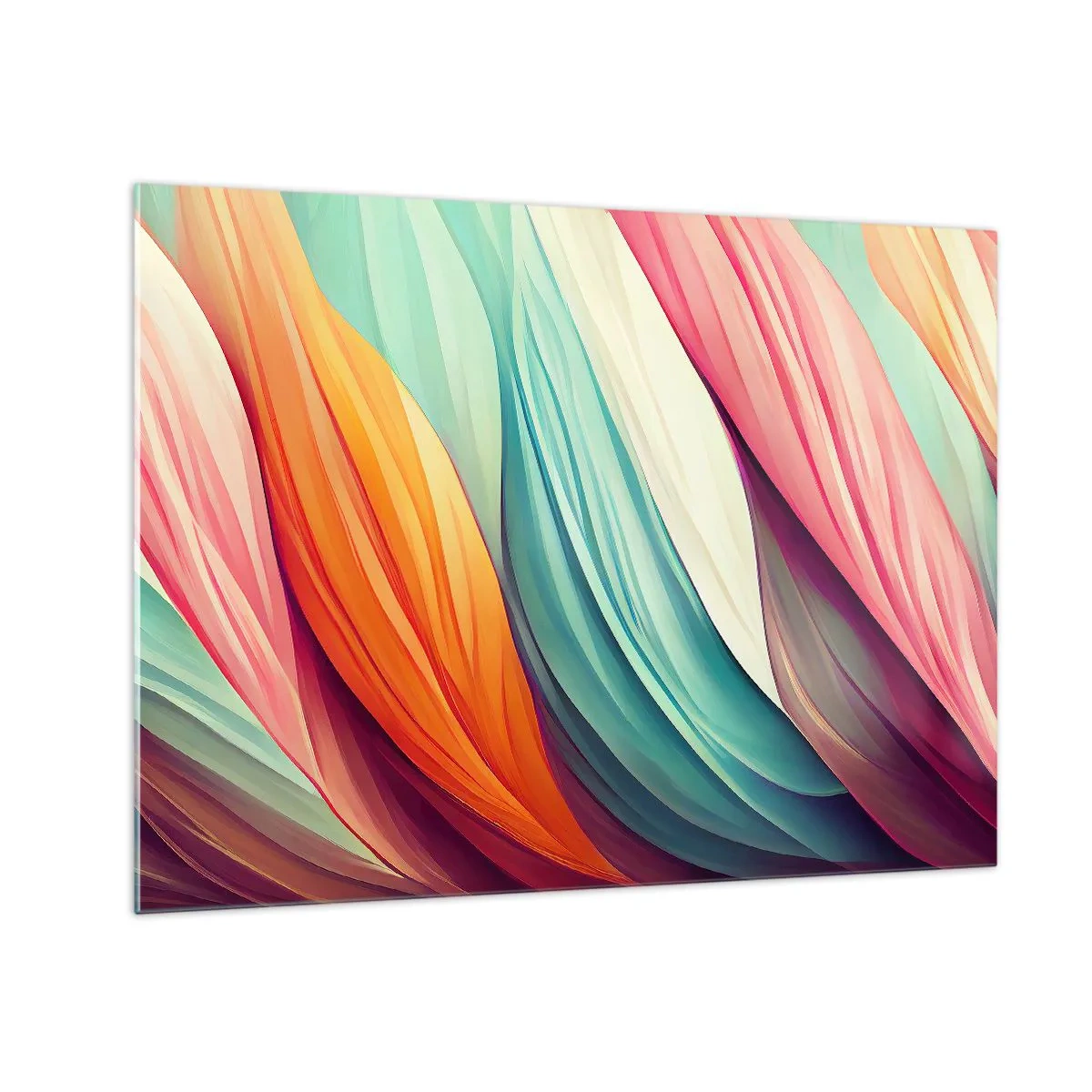 Obraz na skle - Barevná vazba abstraktních pruhů v pastelových barvách - 70x50cm - Duhový uzel - Moderní nástěnná dekorace do obývacího pokoje a ložnice ARTTOR
