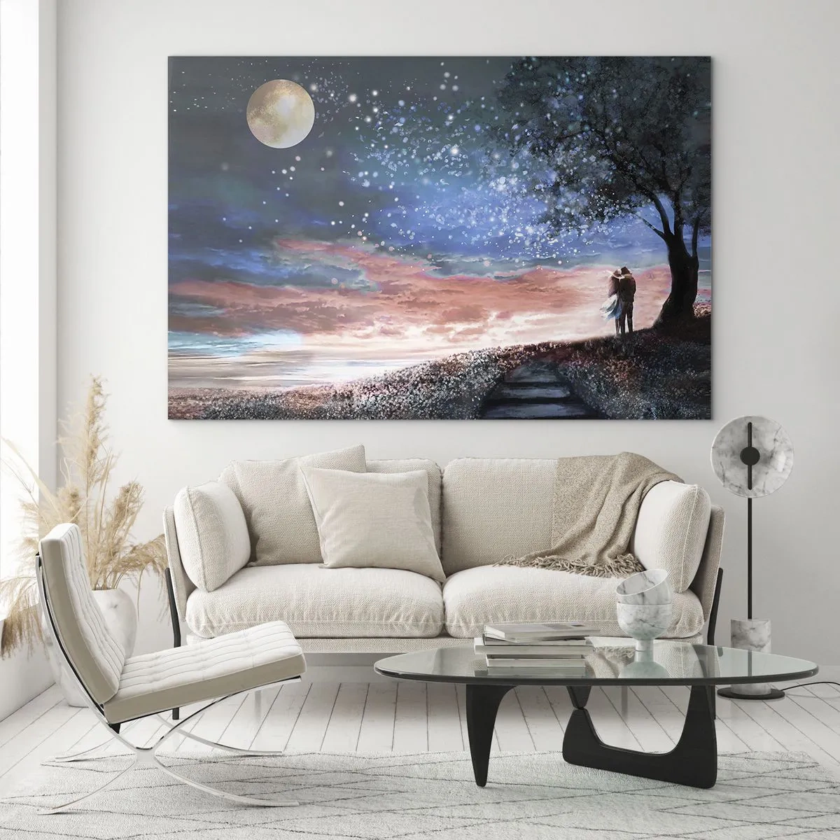 Obraz na skle - Zamilovaný pár pod stromem s měsícem a hvězdami - 70x50cm - Hvězdicovité představení - Moderní nástěnná dekorace do obývacího pokoje a ložnice ARTTOR