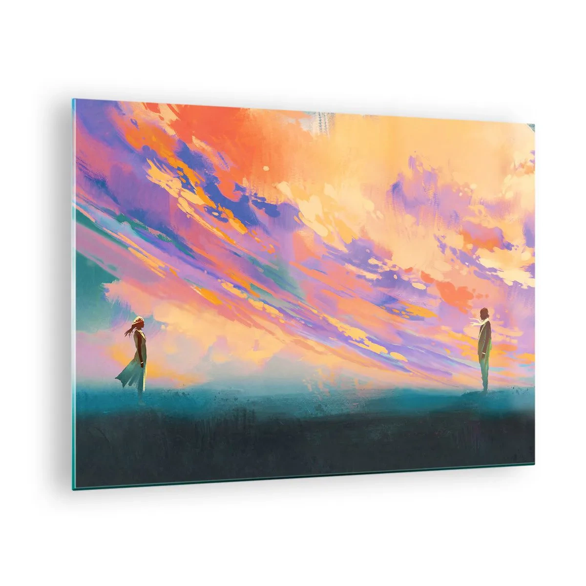 Obraz na skle - Dva lidé na pozadí barevné oblohy při západu slunce - 70x50cm - Síla přitažlivosti - Moderní nástěnná dekorace do obývacího pokoje a ložnice ARTTOR