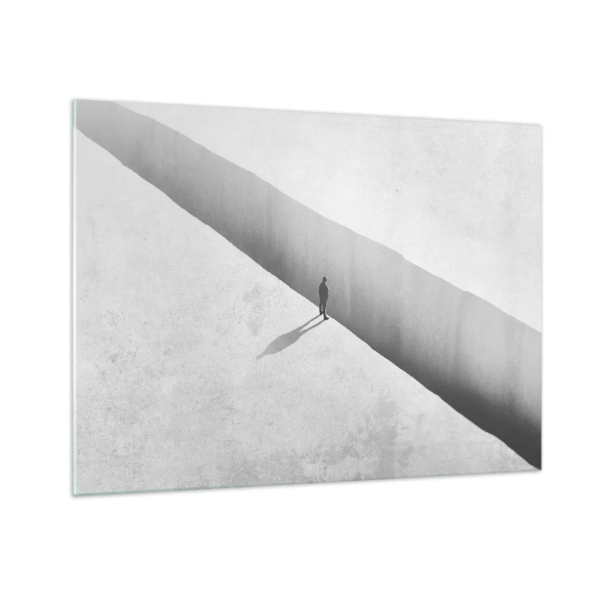 Obraz na skle - Minimalistická silueta nad propastí v prosvětleném prostoru - 70x50cm - Jasný cíl - Moderní nástěnná dekorace do obývacího pokoje a ložnice ARTTOR