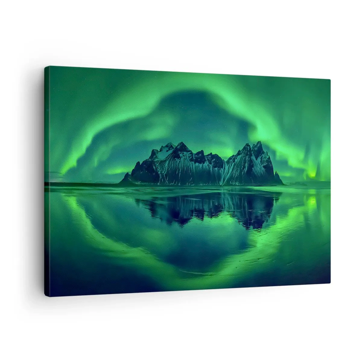 Obraz na plátně - Hory obklopené polární záři odrážející se ve vodě - 70x50cm - V náručí polární záře - Moderní nástěnná dekorace do obývacího pokoje a ložnice ARTTOR