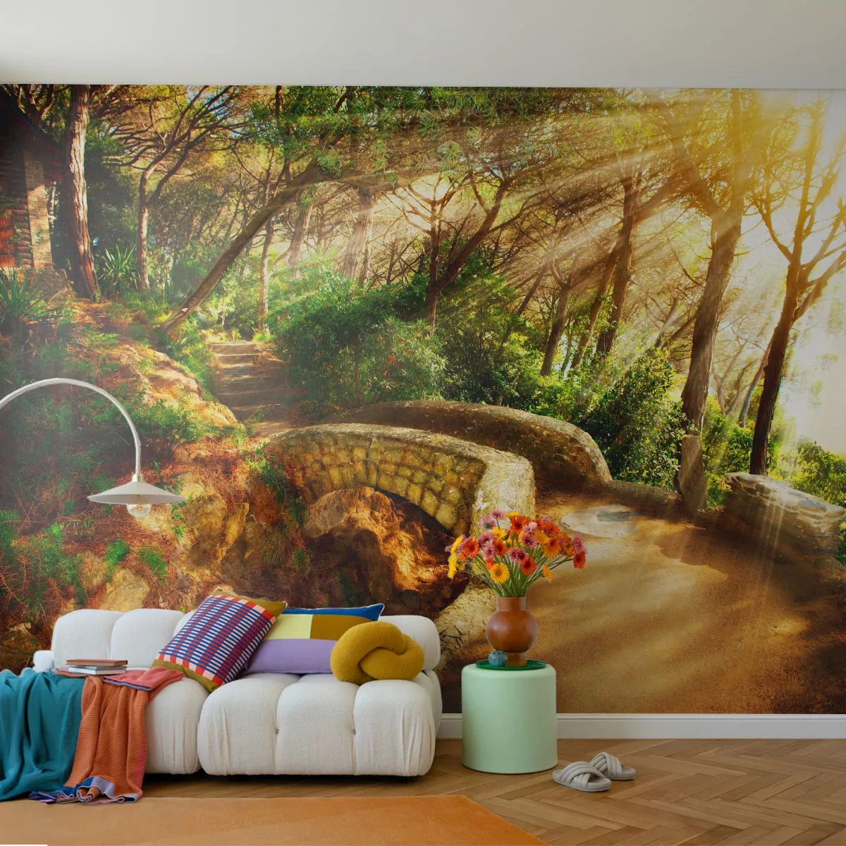 Fototapeta Samolepicí Deluxe Sticker - Přímo z můstku v pohádkovém lese - Krajiny, Kamenné schody, Paprsky slunce - 250x175 cm