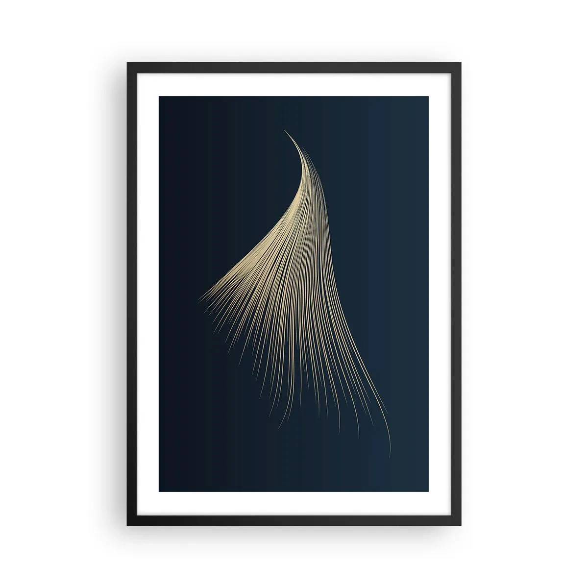 Plakát v černém rámu - Zlatý abstraktní tvar připomínající pramen vlasů na tmavě modrém pozadí. - 50x70cm - Jako andělské vlasy - Moderní nástěnná dekorace do obývacího pokoje a ložnice ARTTOR