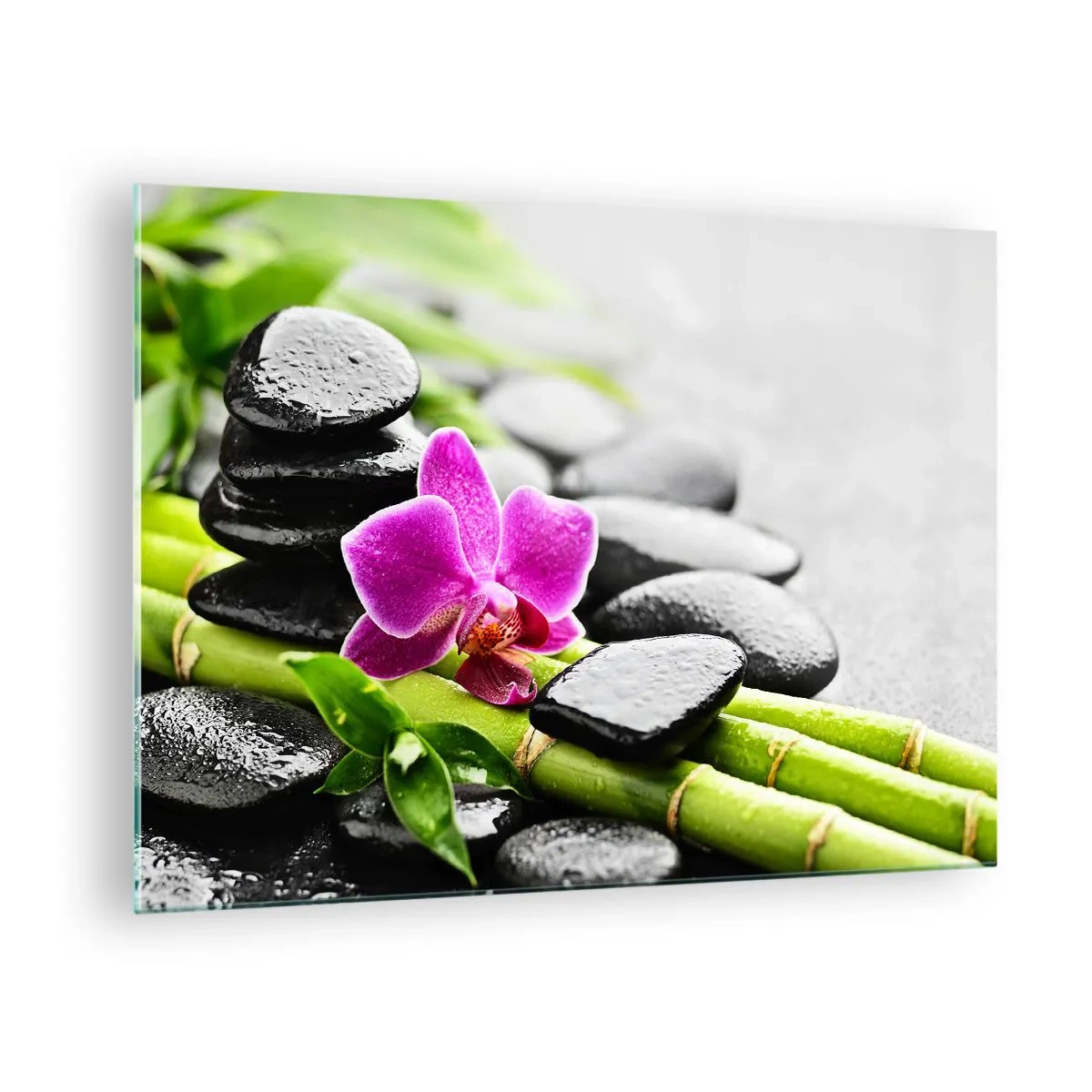 Obraz na skle - Orchidej, černé kameny a bambus v klidném aranžmá - 70x50cm - V klidné rovnováze - Moderní nástěnná dekorace do obývacího pokoje a ložnice ARTTOR