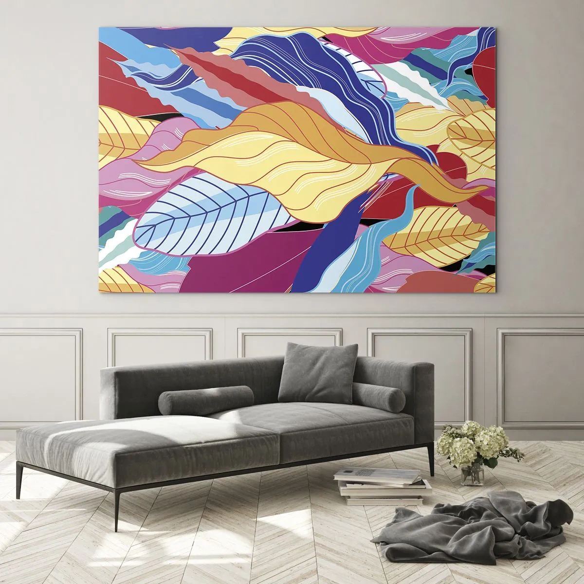 Obraz na skle - Barevné abstraktní listy na skleněném pozadí - 70x50cm - Barevný nepořádek - Moderní nástěnná dekorace do obývacího pokoje a ložnice ARTTOR