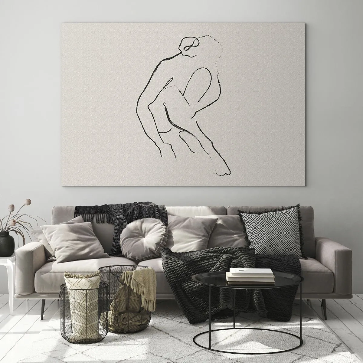 Obraz na skle - Minimalistická skica ženské siluety v sedící poloze. - 70x50cm - Intimní skica - Moderní nástěnná dekorace do obývacího pokoje a ložnice ARTTOR