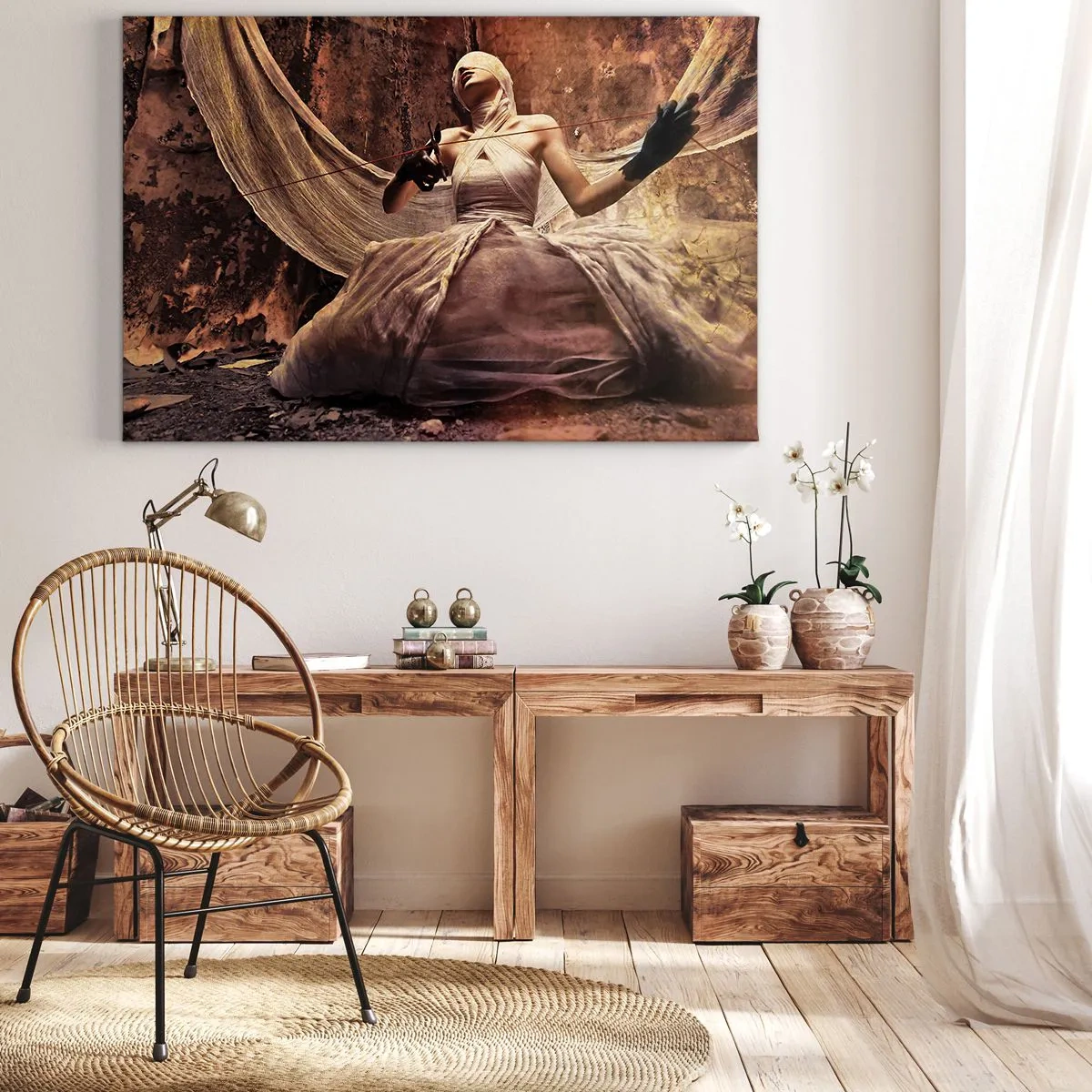 Obraz na plátně - Žena v šatech se zakrytým obličejem a nůžkami v rukou - 70x50cm - Bohyně osudu - Moderní nástěnná dekorace do obývacího pokoje a ložnice ARTTOR