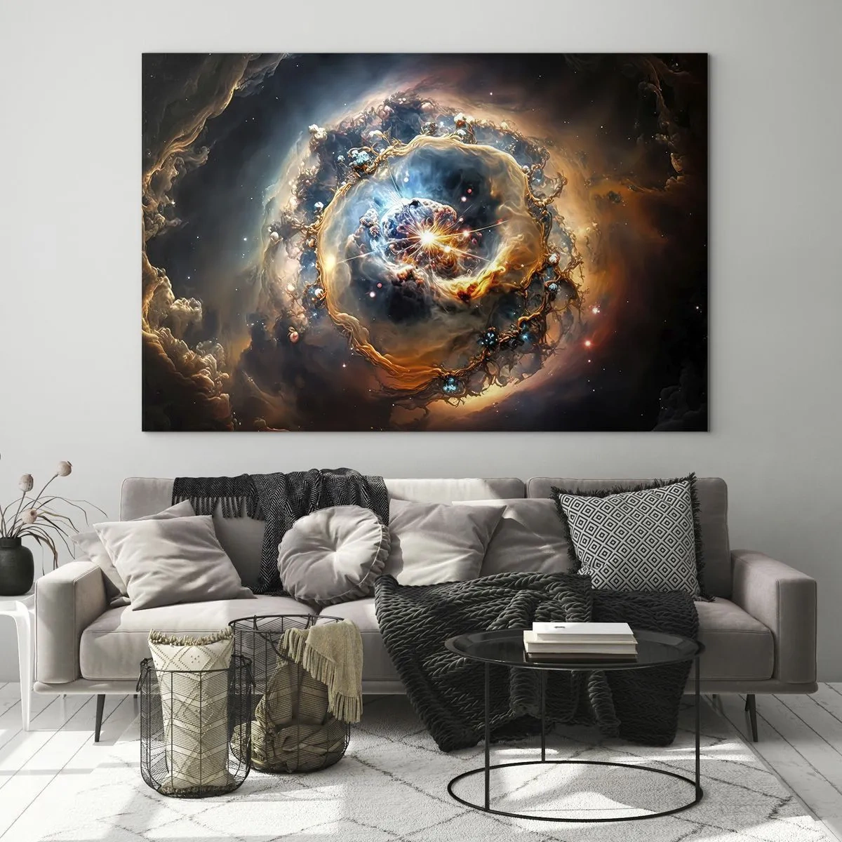 Obraz na skle - Kosmická exploze uprostřed galaktického víru - 70x50cm - Začátek - Moderní nástěnná dekorace do obývacího pokoje a ložnice ARTTOR