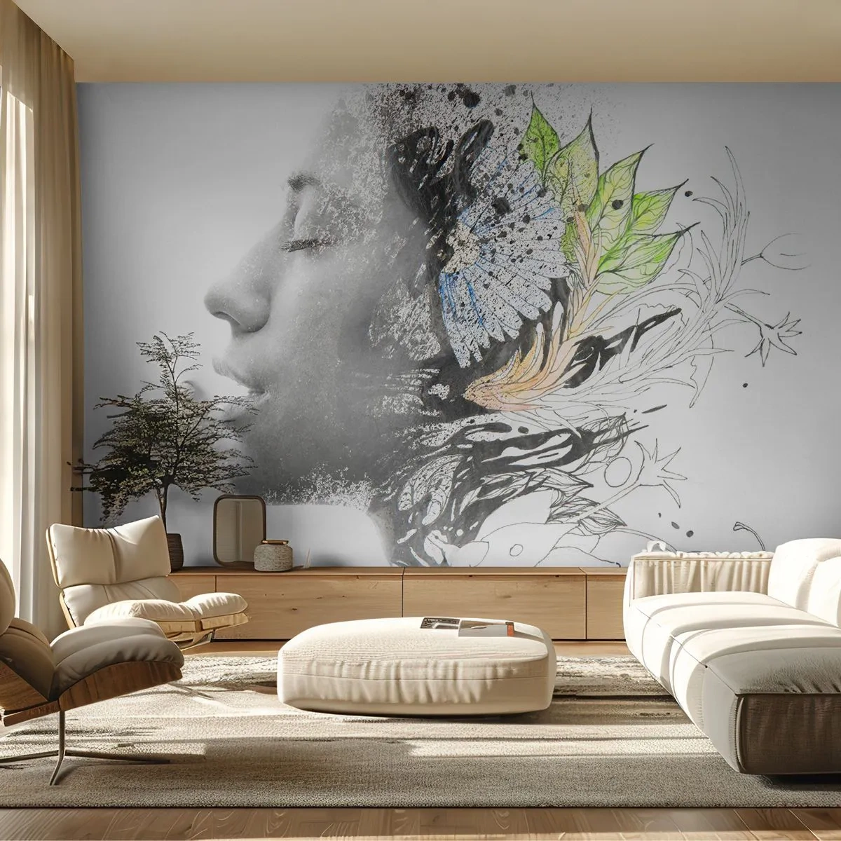 Fototapeta Samolepicí Deluxe Sticker - Ponořená do přírody - Abstrakce, ženská tvář, Květiny - 250x175 cm