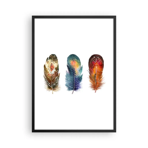 Plakát v černém rámu - Barevné peří v uměleckém stylu na bílém pozadí - 50x70cm - Rituály, obřady, tajemství - Moderní nástěnná dekorace do obývacího pokoje a ložnice ARTTOR