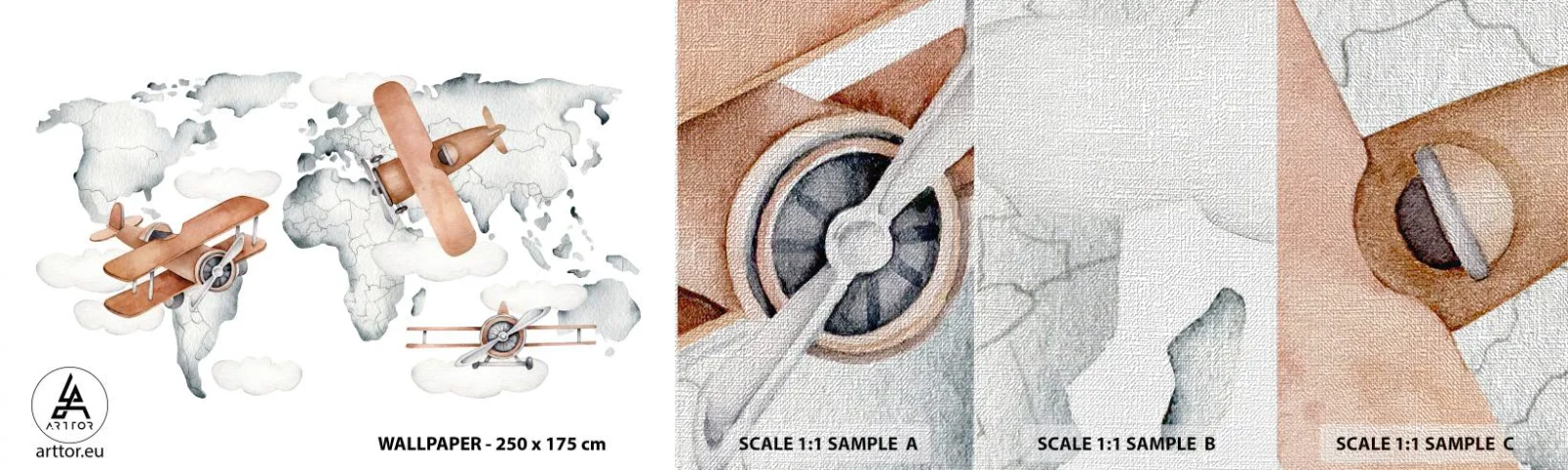 Vzor Fototapety Premium Canvas - V průkopnickém duchu - Mapa světa, Letadla, Dětské - 100x30 cm