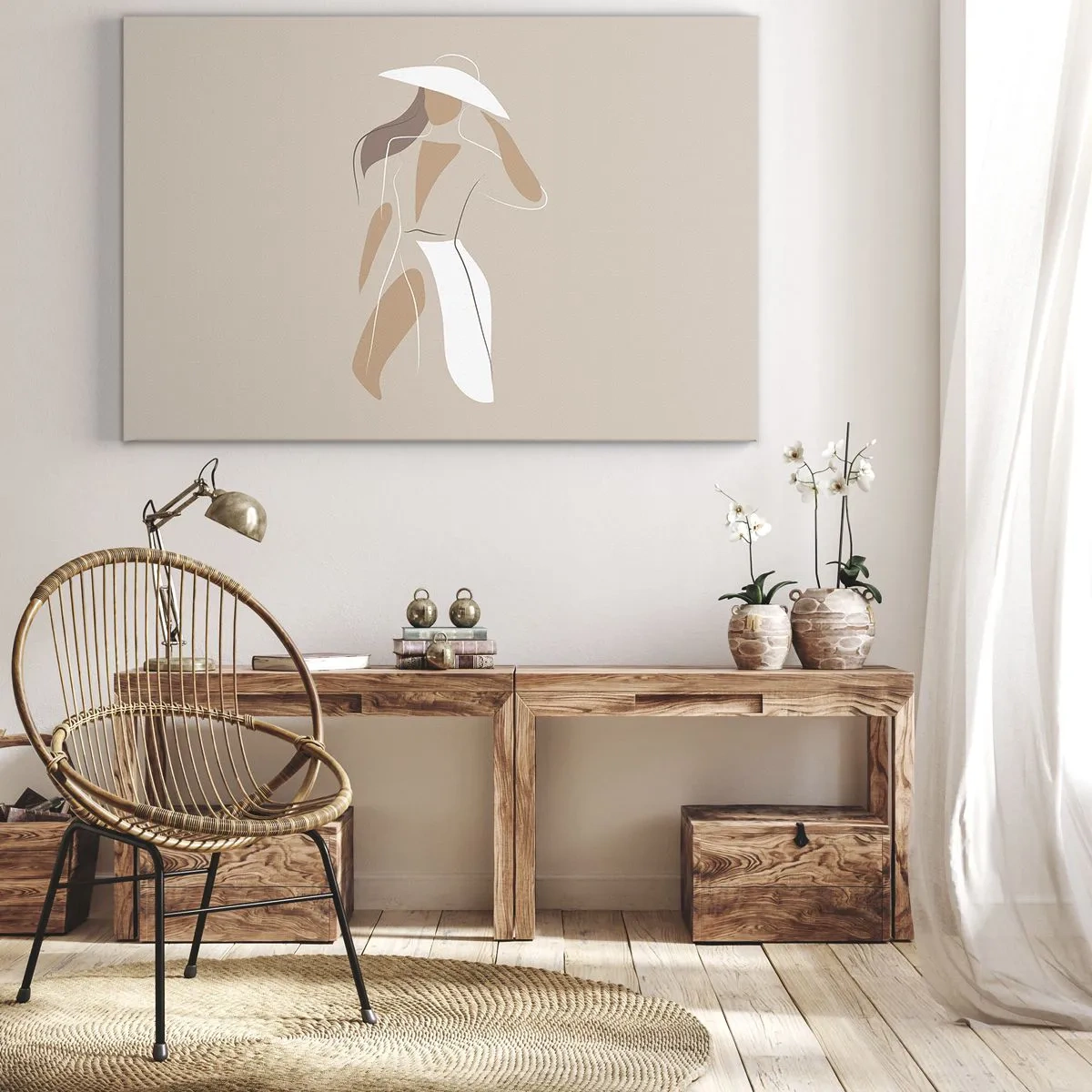 Obraz na plátně - Minimalistická kresba ženy v klobouku na béžovém pozadí. - 70x50cm - Móda je zábava - Moderní nástěnná dekorace do obývacího pokoje a ložnice ARTTOR