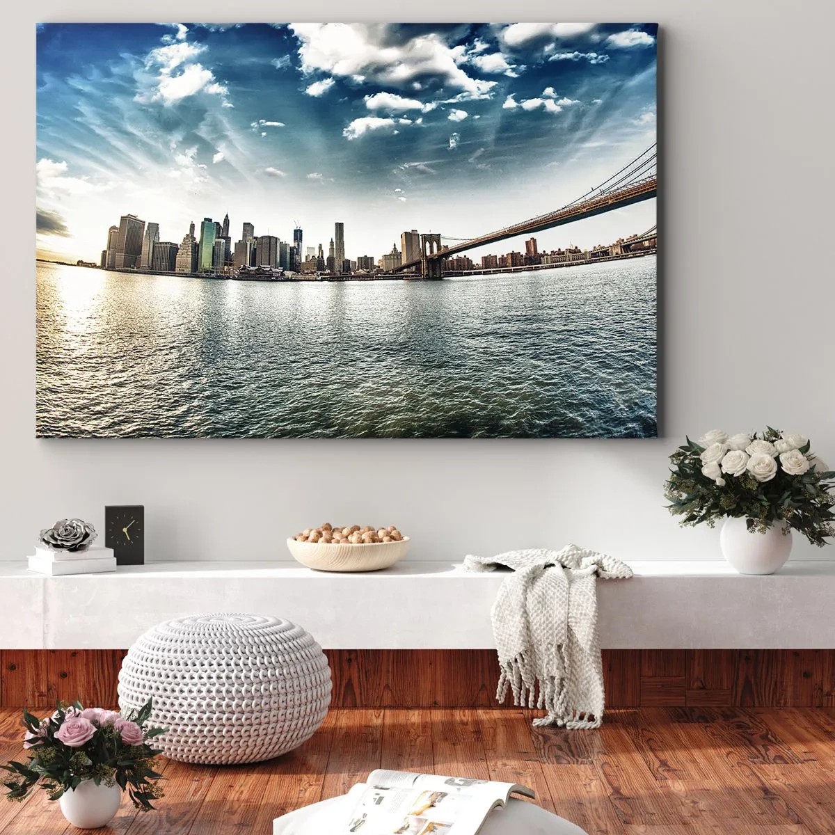Obraz na plátně - Panorama města s mostem proti modré obloze - 70x50cm - Skleněný ostrov - Moderní nástěnná dekorace do obývacího pokoje a ložnice ARTTOR