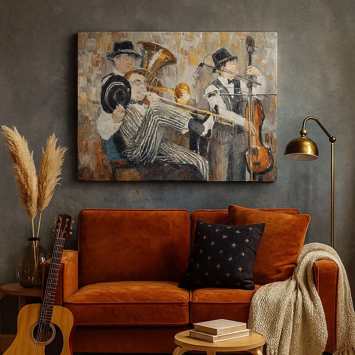 Obraz na plátně - Jazzoví hudebníci v malířském stylu během koncertu - 70x50cm - Celý tento jazz - Moderní nástěnná dekorace do obývacího pokoje a ložnice ARTTOR